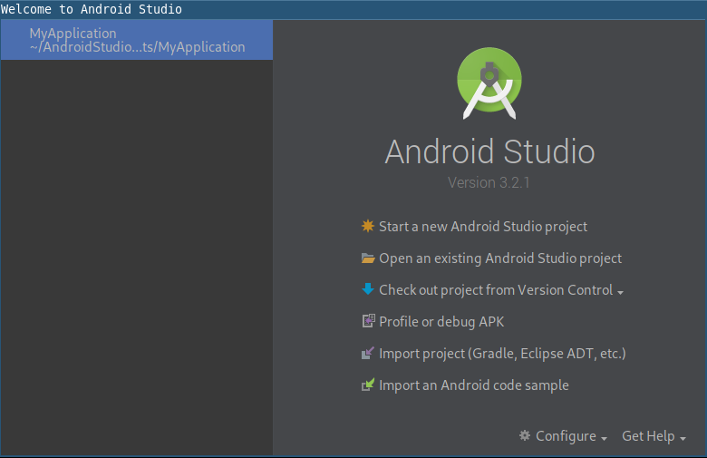 Android Studio's welcome screen